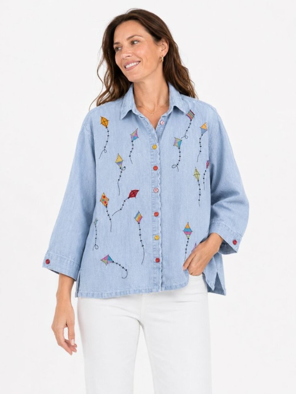 Vintage 90s Womens Chambray Embroidered Kite Shirt Size Large Novelty Whimsical